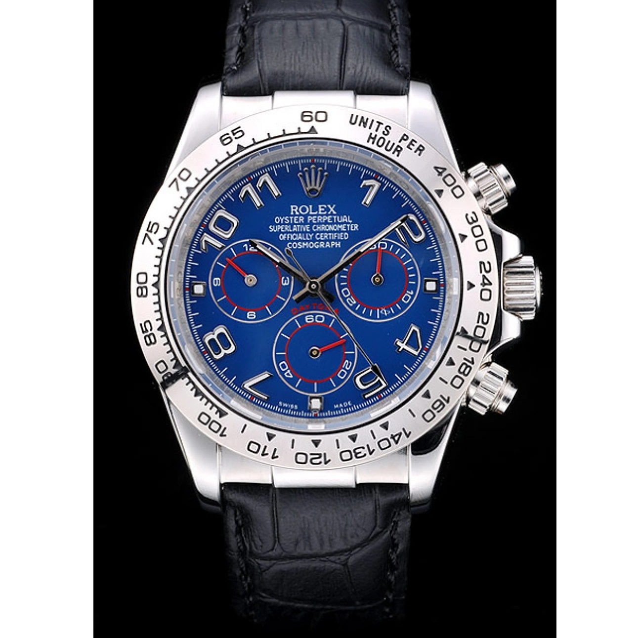 Aaa replica watch Strap Case Steel Dial Blue Rolex Daytona Black Leather Stainless 0724